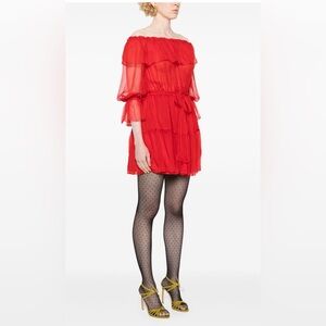 Gucci off-shoulder silk mini dress in Red. Worn just once. Pristine condition!